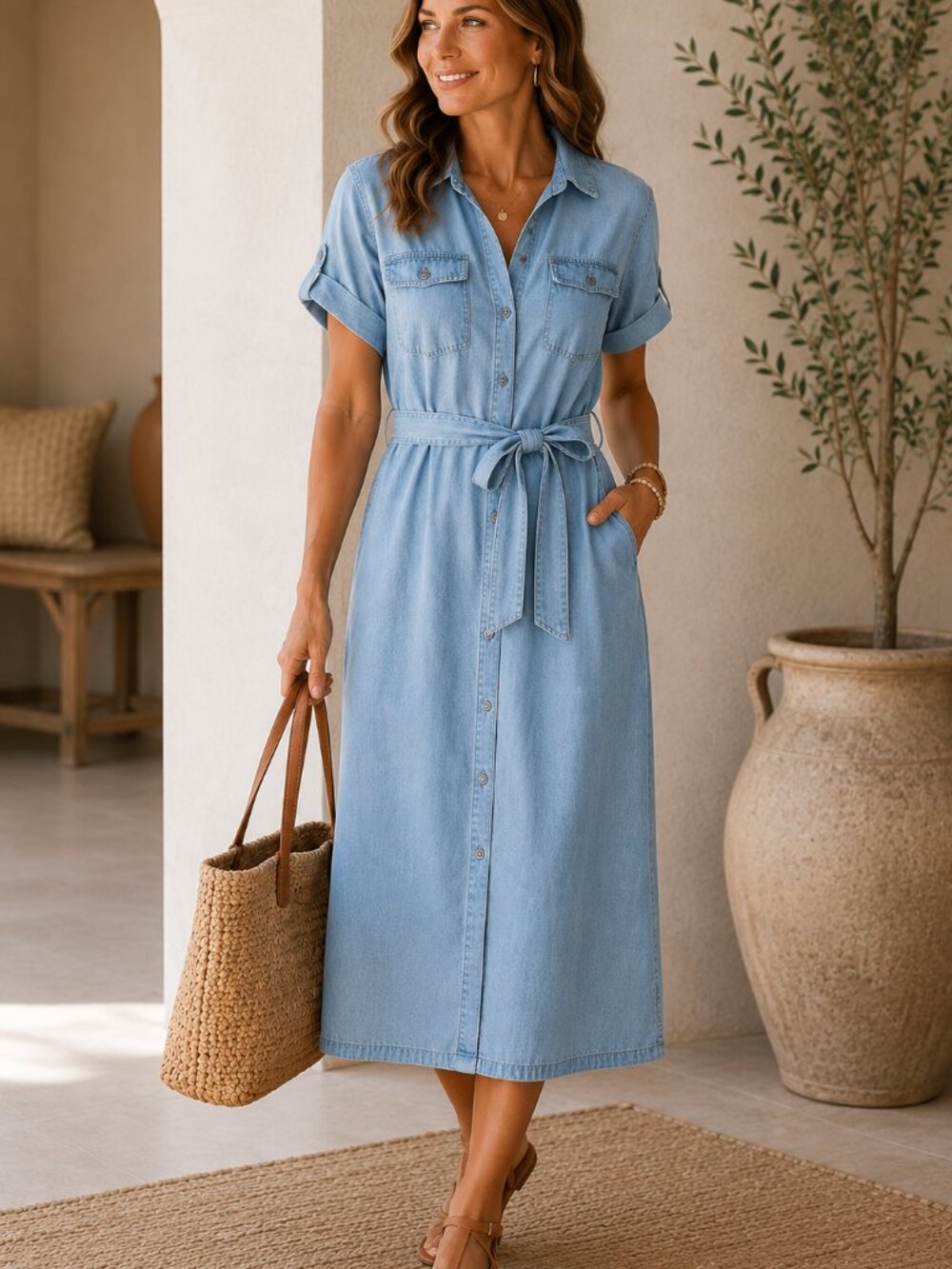 JM Collection Tencel Lyocell Chambray Shirt Dress Button Front Tie Waist Size 14